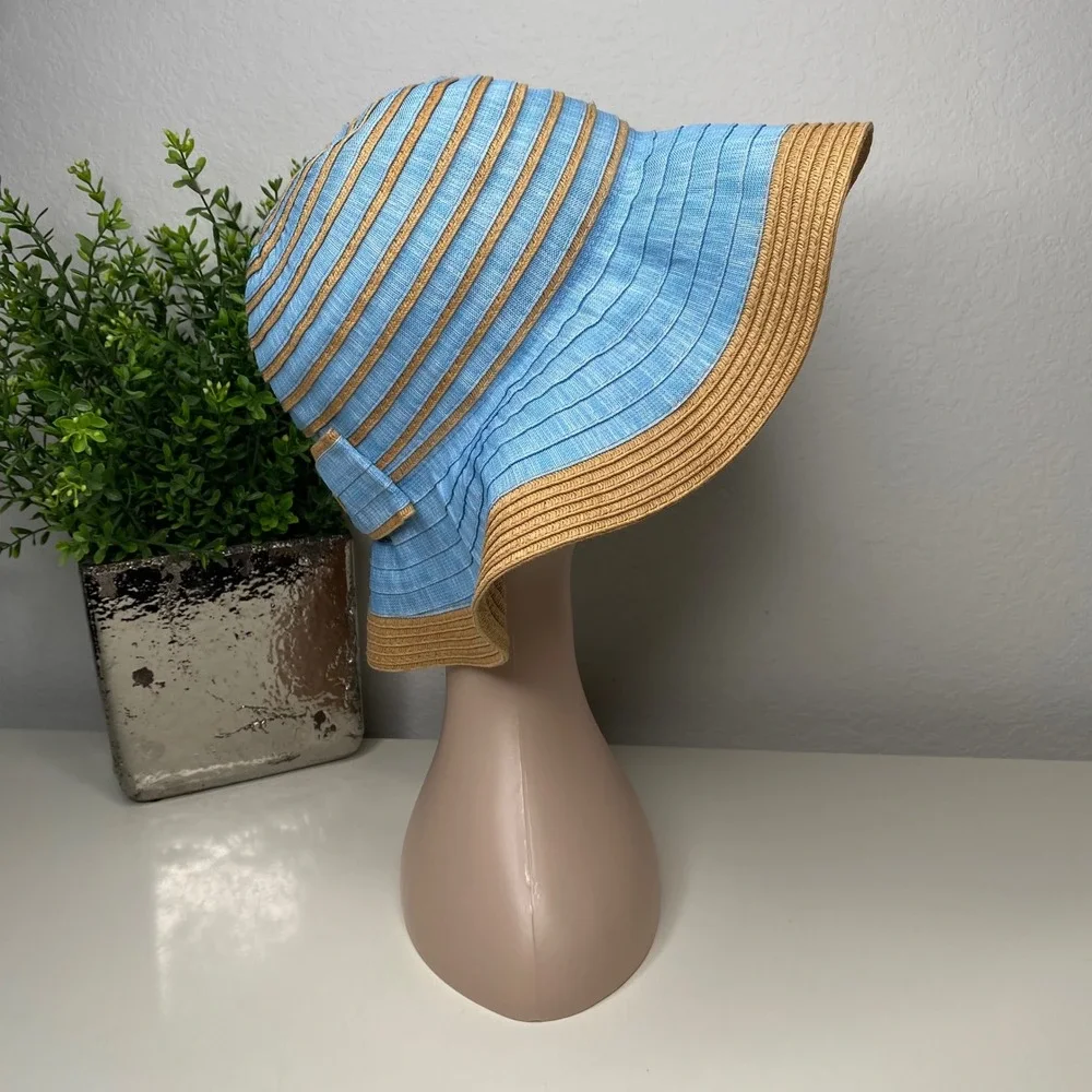 Tahari Womens Wide Brim Floppy Sun Hat Blue Tan Striped Bow‎ Detail Costal Chic